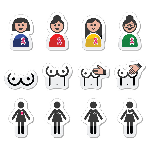 mellrák, nő, rózsaszín szalag ikonok beállítása - Vektor, kép
