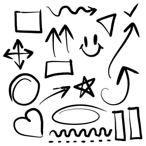 Conjunto de flechas dibujadas a mano grunge negro aisladas en blanco.illustration - Foto, imagen