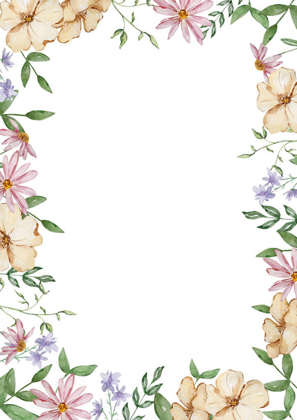 Watercolor rectangular frame of garden beige, pink and purple flowers - Fotoğraf, Görsel