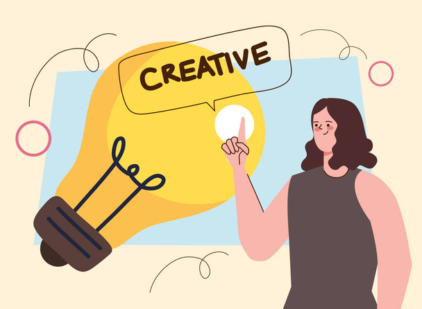 creative woman touching bulb character - Vector, Image