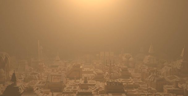 Un estilizado paisaje distópico de la ciudad del desierto en una neblina brumosa. - Foto, imagen