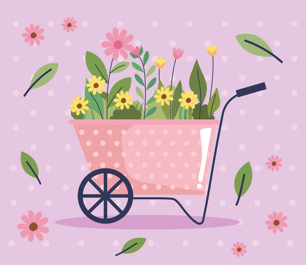 spring flowers in wheelbarrow poster - Vector, Image