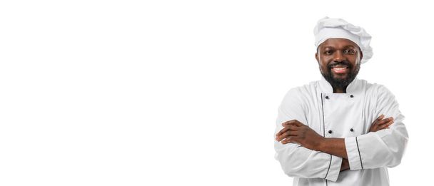 テキストのためのスペースと白い背景にハンサムな男性アフリカ系アメリカ人シェフ - 写真・画像