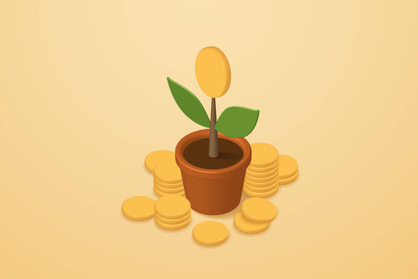 Geschäft, wo das Einkommen wächst und erfolgreich ist. Münzen auf einem Pflanztopf und ein Haufen Münzen auf gelbem Hintergrund. 3D isometrische Vektorabbildung. - Vektor, Bild
