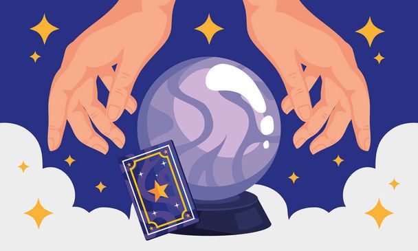 crystal ball with hands scene - Vector, Image