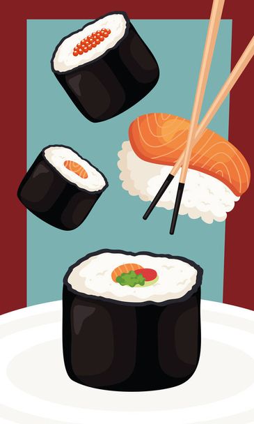 rouleaux de sushi et affiche nigiri - Vecteur, image