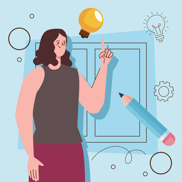 creative woman with bulb and pencil character - Vector, Image