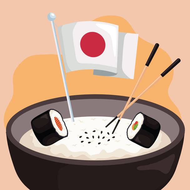 japán leves és sushi zászlós jelenettel - Vektor, kép