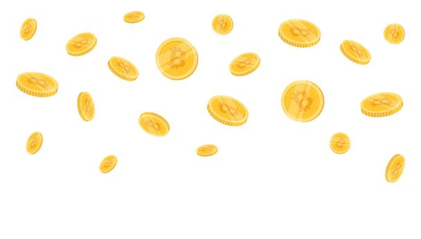 Monete Bitcoin che volano su uno sfondo bianco. Bitcoin cryptocurrency concept banner. - Vettoriali, immagini