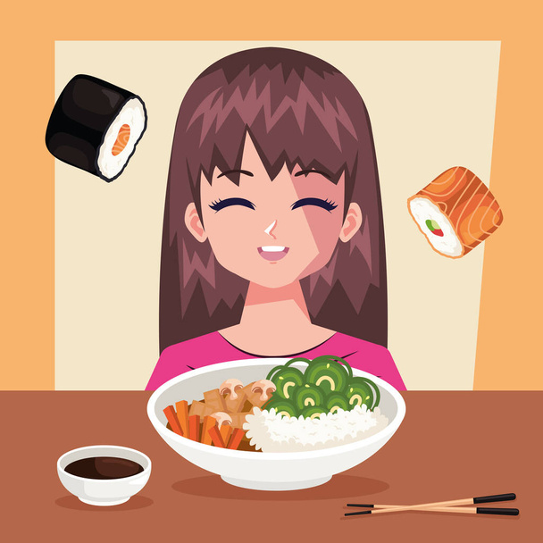 szépség lány eszik japán étel - Vektor, kép