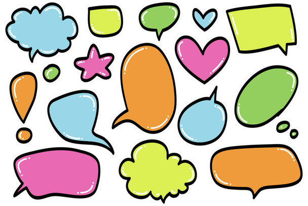 Vector set of speech bubbles. Doodle hand draw like kids style in pastel color for use in business, chat, inbox, dialog, message, question, communication, talk, speak, sticker, balloon, thinking - Wektor, obraz