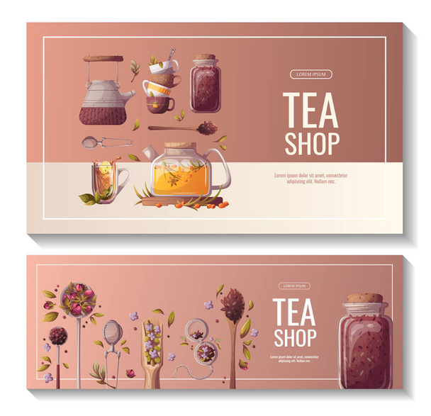 conjunto de modelos de design. banners de hora de chá, tempo de chá desenhado à mão definido para o site, cartaz. - Vetor, Imagem