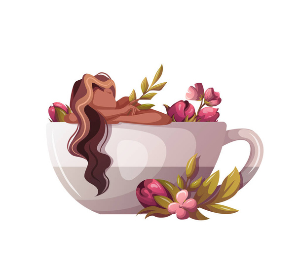 szablon projektu dla Twojej strony internetowej. baner czasu herbaty z piękną kobietą w filiżance z kwiatami, ręcznie rysowany plakat czasu herbaty. - Wektor, obraz