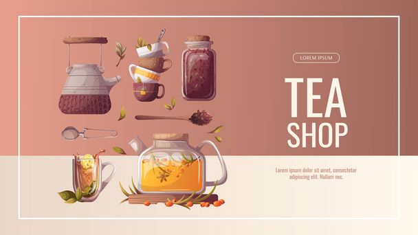 modelo de design para o seu site. banner de hora de chá, tempo de chá desenhado à mão definido para o site, cartaz. - Vetor, Imagem