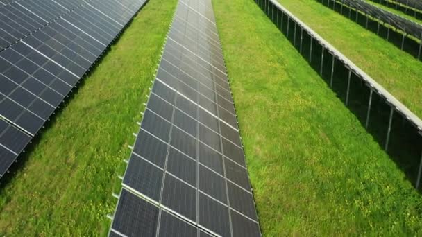 Современные солнечные панели, построенные на пышной зеленой траве сельского поля на экологически чистой станции. Фотоэлектрические солнечные батареи в ряд генерируют чистый вид энергии с воздуха - Кадры, видео