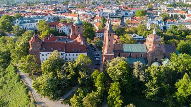 Wieże katedralne i wzgórze Tumskie w Płocku w Polsce - Zdjęcie, obraz