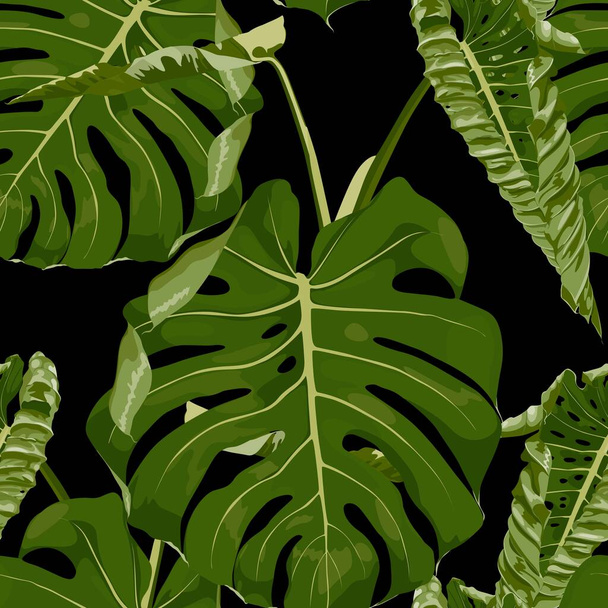 熱帯緑のモンスターの葉のイラスト。青い背景にエキゾチックなシームレスなパターン. - ベクター画像