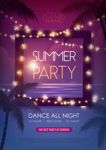 Summer disco party poster with tropic leaves and string of lights. Summer background. Vector illustration - Vetor, Imagem