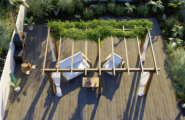 3D illustratie van luxe terras met uitzicht op zee en houten pergola.Top uitzicht op een tuin patio met teak houten vloeren en open haard voor barbecue. - Foto, afbeelding