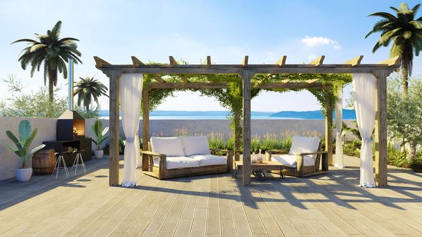 3D render of Wooden teak pergola on private terrace. Front view of outdoor garden patio with teak wood flooring and fireplace for barbecue. - Photo, Image