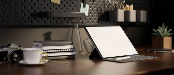 Modern çalışma masasında kablosuz klavyesi olan dijital tablet boş ekran modeli. Görüntüyü yaklaştır. 3d görüntüleme, 3d illüstrasyon - Fotoğraf, Görsel
