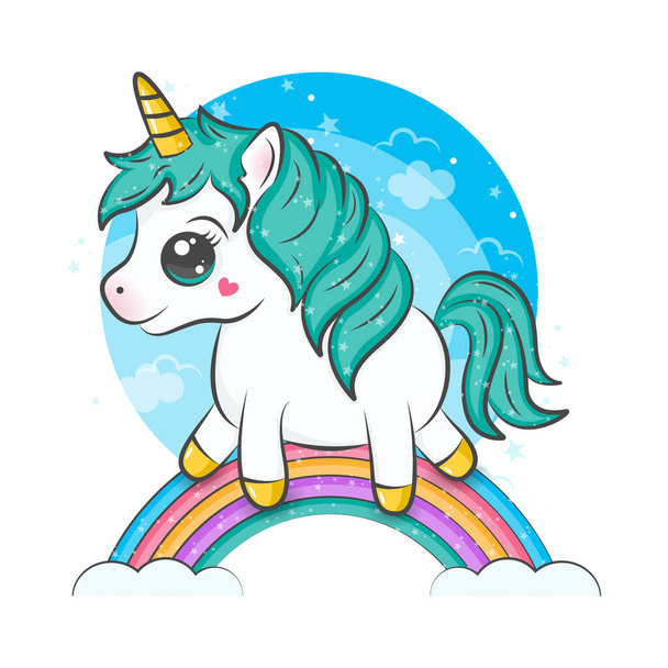 Cute illustration of a unicorn on a rainbow. Vector illustration of an animal. Cute illustration of animal for kids, baby book, fairy tales, baby shower invitation, textile t-shirt, sticker. - Vector, Image