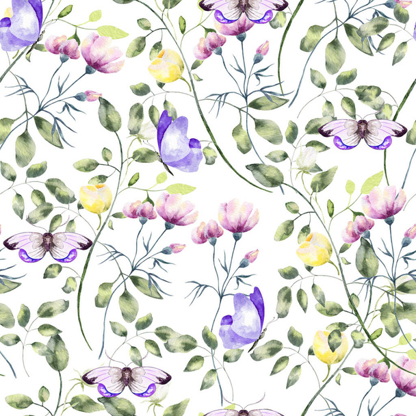 Χειροποίητο υδατογραφία αδιάλειπτη μοτίβο.Εικονογράφηση φωτεινό πολύχρωμο ρεαλιστικές πεταλούδες, bug και λουλούδια.. - Φωτογραφία, εικόνα