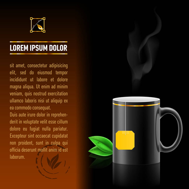Black cup of tea spewing hot steam. Green leaf tea. Next sheet of paper with the test - Vektor, obrázek