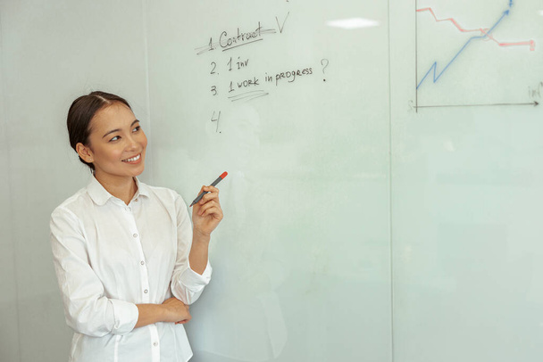 Aasian liike nainen etsii flipboard kaavioita seistä kokoushuoneessa. Laadukas kuva - Valokuva, kuva