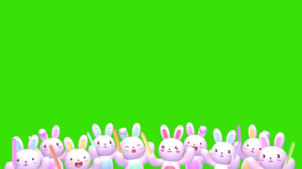 Smyčka roztomilé jásající zajíčci se světelnými tyčinkami na zeleném pozadí obrazovky animace. - Záběry, video