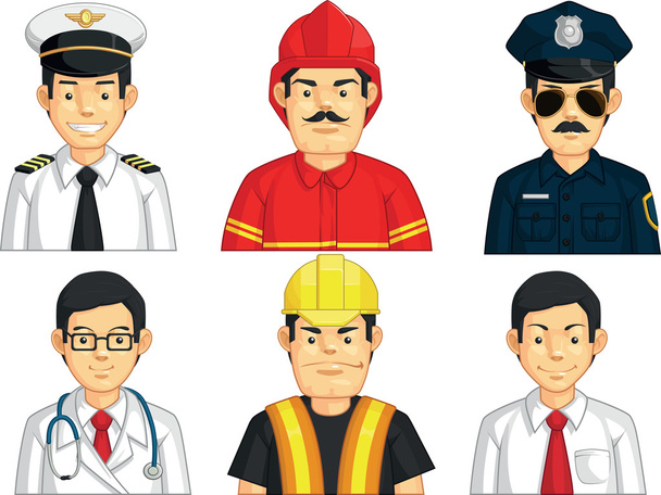 Szakma - építőipari munkás, orvos, tűzoltó, pilóta, rendőrség, irodai dolgozó - Vektor, kép