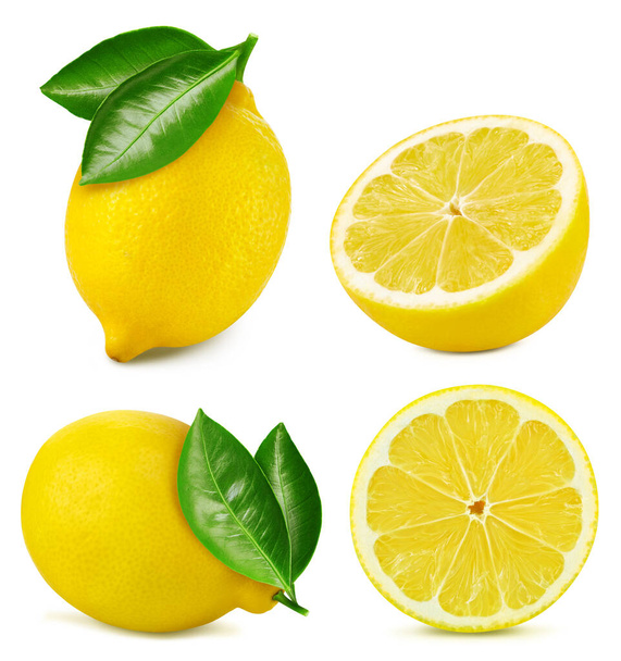 Lemon with a leaf exotic fruit with slice isolated on white background. Clipping Path. Full depth of field. - Photo, Image