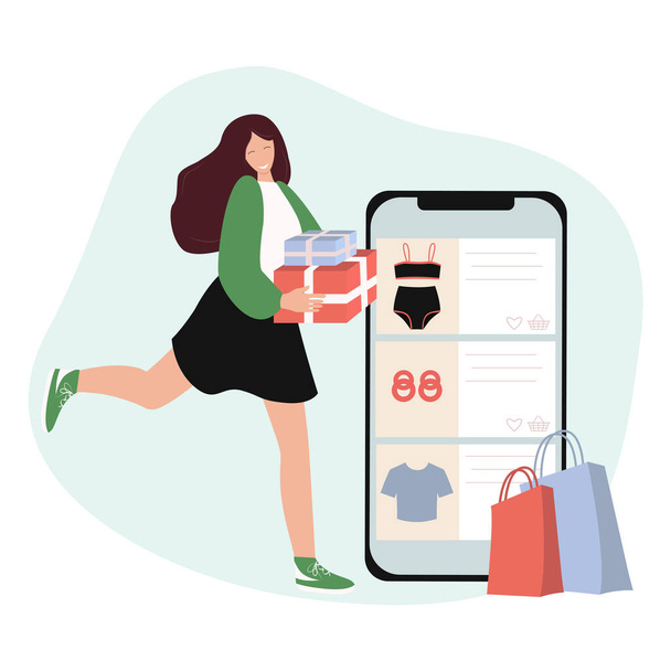 Happy young woman in skirt holding boxes near phone with online shopping application with shopping bags flat vector illustration isolated - ベクター画像