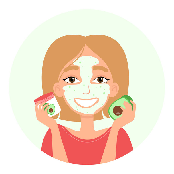 Cute girl with facial cosmetic mask. Bubble mask with avocado. Vector illustration isolated on white background. - Vector, Image