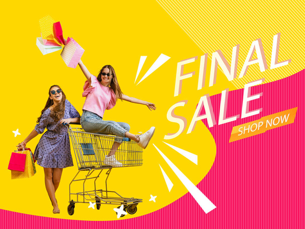 Female hobby. Creative poster, flyer with two happy girls with shopping bags ride on shop cart isolated on abstract background. Concept of sales, black friday, discount, emotions. Magazine style - Zdjęcie, obraz