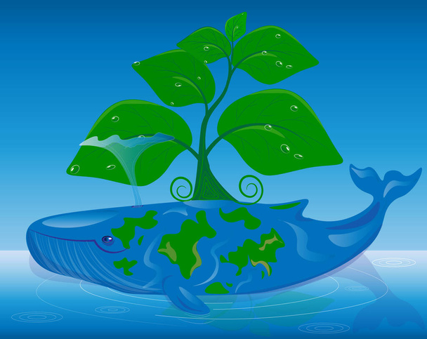 a ecologia do nosso mundo. A baleia personifica o planeta Terra no oceano, uma árvore ecológica cresce nele. Vamos salvar a nossa bela natureza juntos.. - Vetor, Imagem