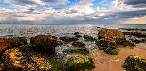 Panoramatický výhled na skalnaté pobřeží se zeleným mechem na kamenech. - Fotografie, Obrázek