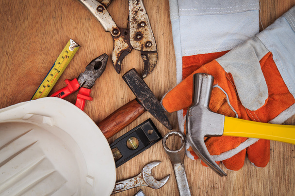 Closeup of assorted work tools on wood - Fotografie, Obrázek