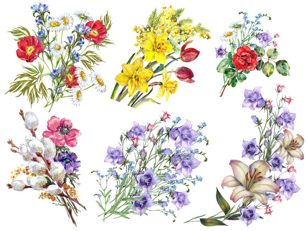 Wzór z akwarelowym zestawem bukietów wiosenne kwiaty. Kompozycja kwiatowa do papieru dekoracyjnego. - Zdjęcie, obraz