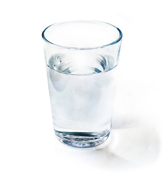 Een glas water. Realistische aquarel schilderen met keuken item geïsoleerd op wit met blauwe schaduw. Helder zoet water in transparante beker. - Foto, afbeelding