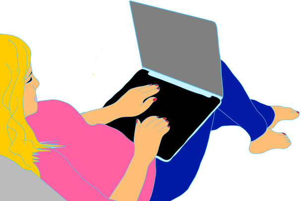 girl with laptop. Freelance or studying concept. Cute illustration in flat style - Photo, Image