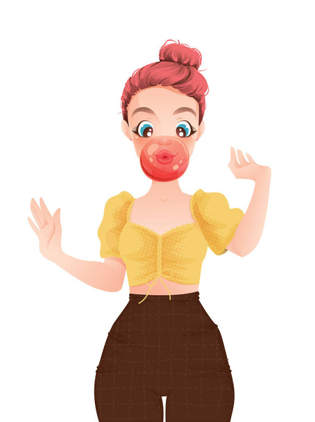 Mujer de pelo rosa haciendo burbuja con goma de mascar - Vector, imagen