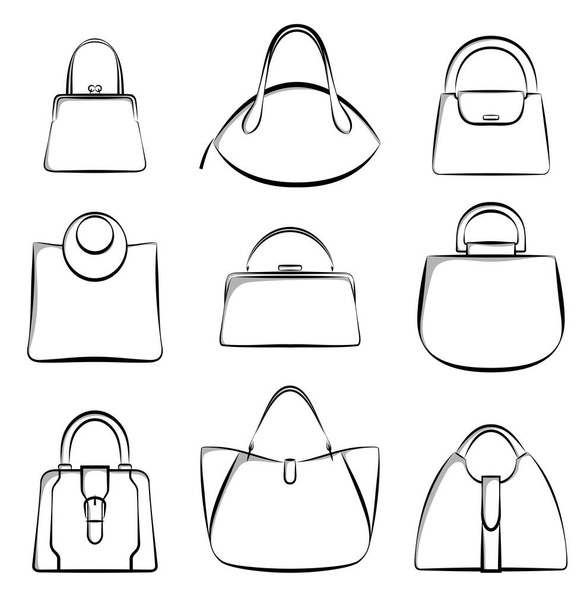 Set of different modern women handbags in black and white isolated on white background - Vector, imagen
