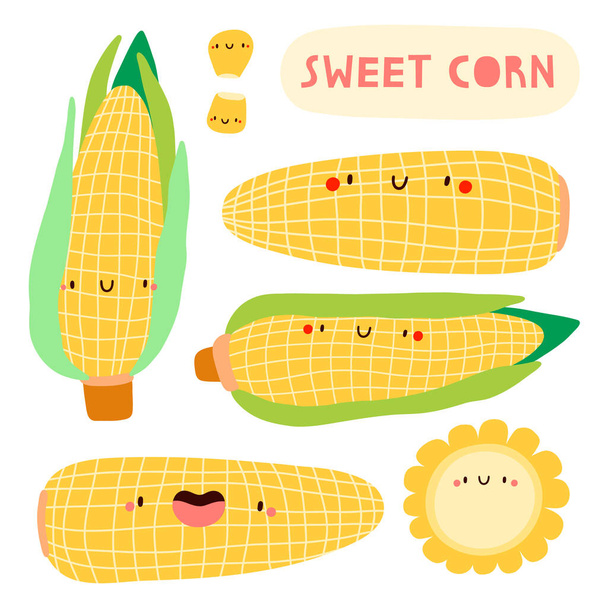 Super cute vector set - different hand drawn Sweet Corn. Seasonal Sweet Corn vegetable character with smiley face. Funny food illustration - Photo, image