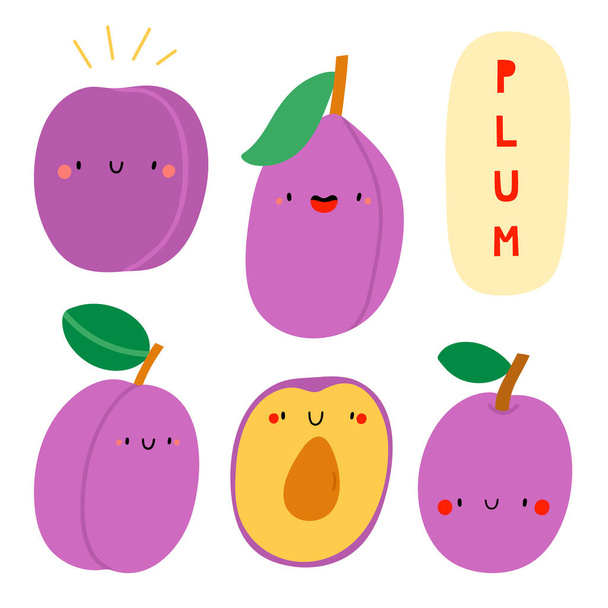 Super cute set - different hand drawn Plums. Seasonal Plum fruit character with smiley face. Funny food illustration - Photo, image