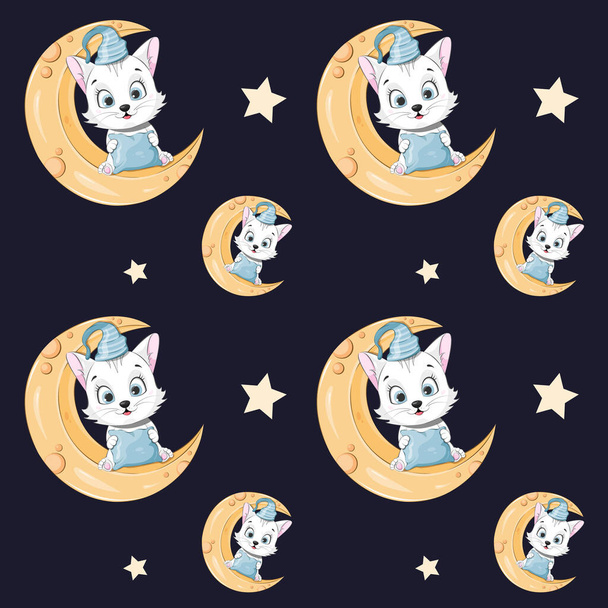 Naadloos patroon. Cartoon kitten zittend op de maan. Tijd om te slapen - Vector, afbeelding