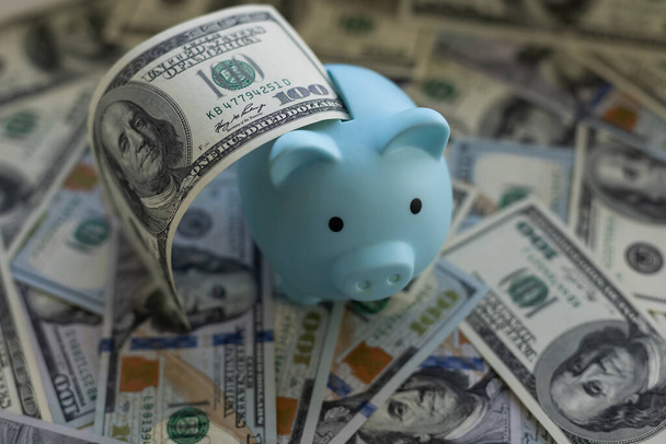 Business, financiën, investeringen, opslaan en corruptie concept - close-up van dollar contant geld en piggy bank op tafel - Foto, afbeelding