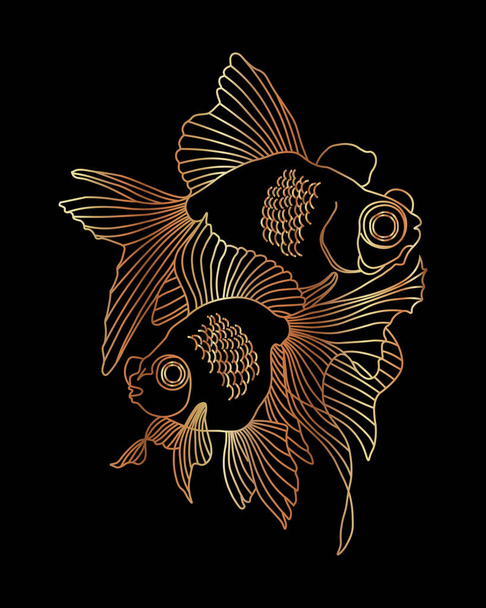 Ilustración, elegante contorno de peces de oro sobre un fondo negro. Impresión, póster, arte mural - Vector, imagen