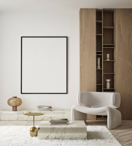 mock up poster frame in modern interior background, living room, Scandinavian style, 3D render, 3D illustration - Foto, afbeelding