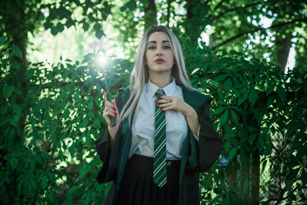 Дівчина з чарівною паличкою, чарівники косплей, школа чарівників, студент в лісі, Хеллоуїн і рольові партійні ідеї
 - Фото, зображення